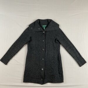 Lauren Ralph Lauren Wool Blend Cable Knit Button Cardigan Longline Dark Gray